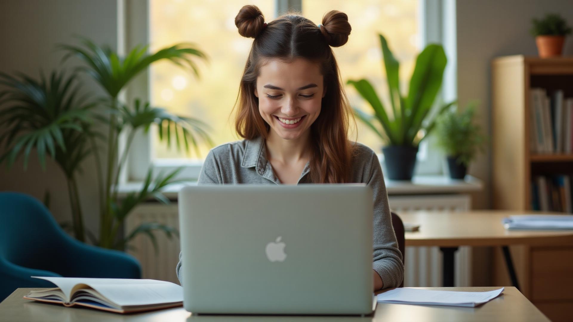 A student smiling while working at a laptop